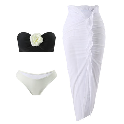 2025 European and American Color Matching New Rose Three-Piece Mesh Long Skirt Swimsuit Swimsuit Bikini Bikini