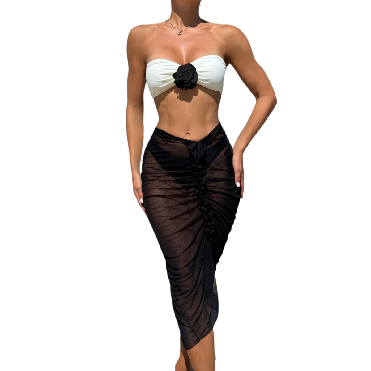 2025 European and American Color Matching New Rose Three-Piece Mesh Long Skirt Swimsuit Swimsuit Bikini Bikini