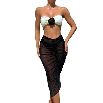 2025 European and American Color Matching New Rose Three-Piece Mesh Long Skirt Swimsuit Swimsuit Bikini Bikini