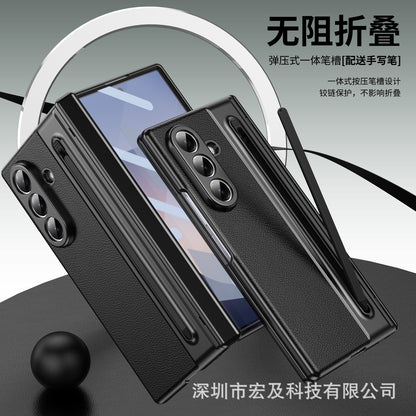 Suitable for Samsung Z Fold8 Ultra Gold Armor Pen Slot Folding Phone Case Plain Leather Shockproof 7/6 Case Film Protective Cover