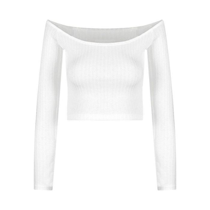 One-Shoulder White Long-Sleeved Slim T-Shirt for Women in Autumn Tight Elastic Slimming Look Short Crop Top