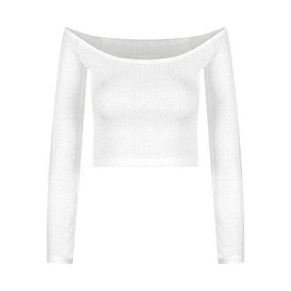 One-Shoulder White Long-Sleeved Slim T-Shirt for Women in Autumn Tight Elastic Slimming Look Short Crop Top