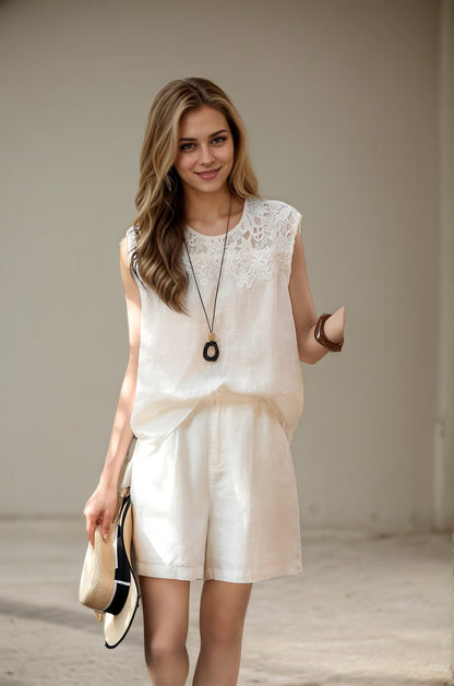 Cross-border 2025 Summer New Breathable Loose White suit Simple Breathable Top Shorts Two-piece Set