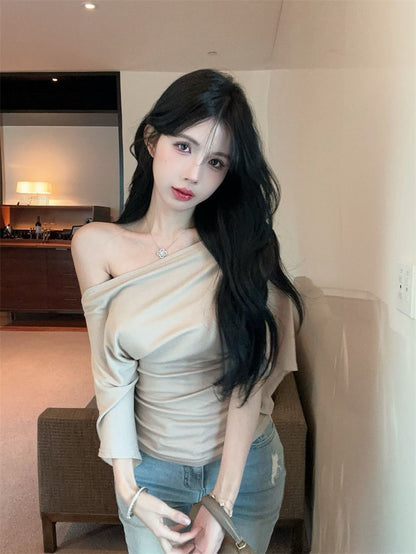 Summer Pure Desire Sweet Girl One-Shoulder Waist Slimming Look Three-Quarter Sleeve T-Shirt Women's Unique and Chic Pleated Top