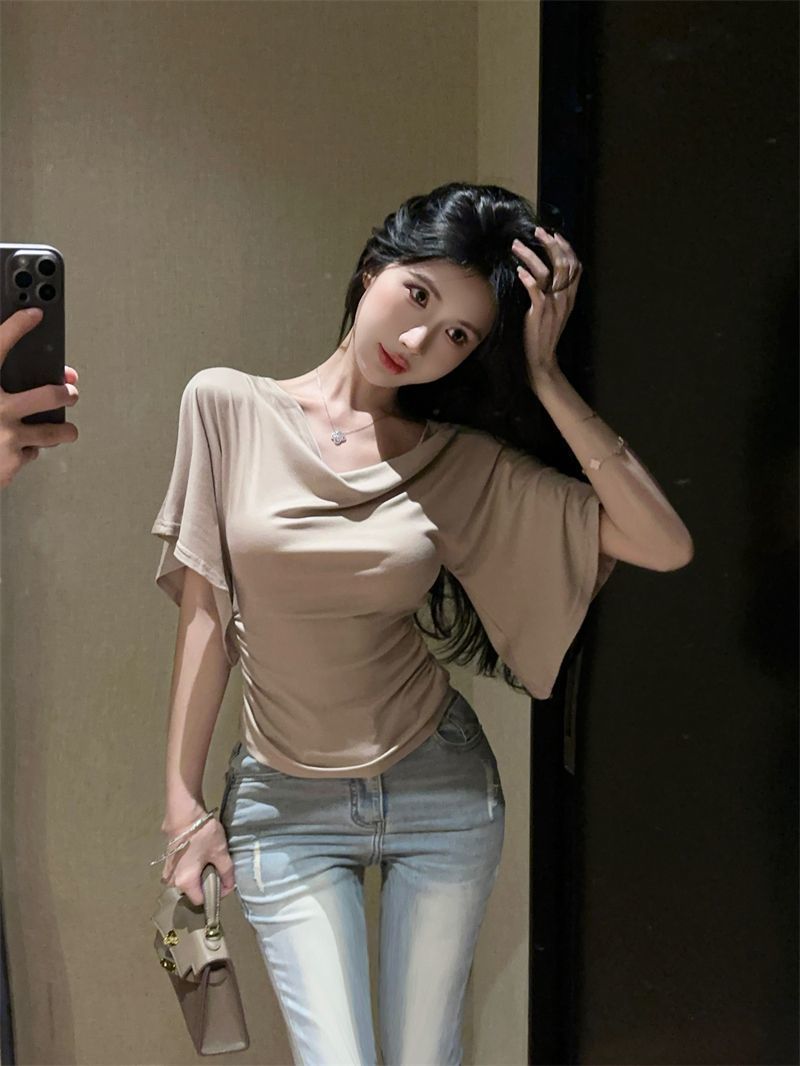 Summer Pure Desire Sweet Girl One-Shoulder Waist Slimming Look Three-Quarter Sleeve T-Shirt Women's Unique and Chic Pleated Top