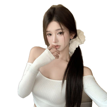 One-Shoulder White Long-Sleeved Slim T-Shirt for Women in Autumn Tight Elastic Slimming Look Short Crop Top
