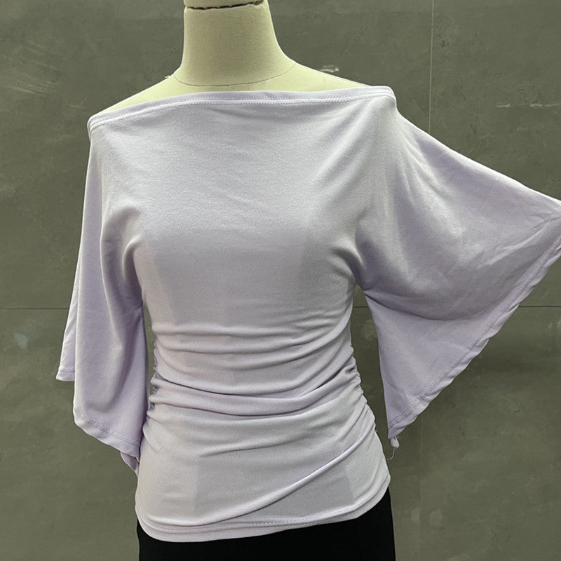 Summer Pure Desire Sweet Girl One-Shoulder Waist Slimming Look Three-Quarter Sleeve T-Shirt Women's Unique and Chic Pleated Top