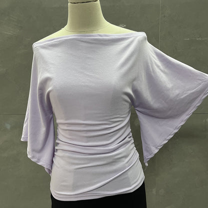 Summer Pure Desire Sweet Girl One-Shoulder Waist Slimming Look Three-Quarter Sleeve T-Shirt Women's Unique and Chic Pleated Top