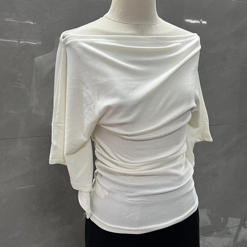 Summer Pure Desire Sweet Girl One-Shoulder Waist Slimming Look Three-Quarter Sleeve T-Shirt Women's Unique and Chic Pleated Top