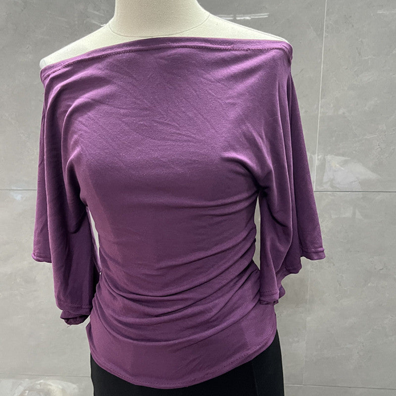 Summer Pure Desire Sweet Girl One-Shoulder Waist Slimming Look Three-Quarter Sleeve T-Shirt Women's Unique and Chic Pleated Top