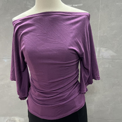 Summer Pure Desire Sweet Girl One-Shoulder Waist Slimming Look Three-Quarter Sleeve T-Shirt Women's Unique and Chic Pleated Top