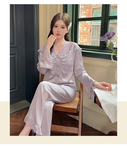 Purely Sensual,Comfortable, Breathable Pajamas, Satin Chiffon Loungewear Set, Available in Multiple Colors,Button-Up Set