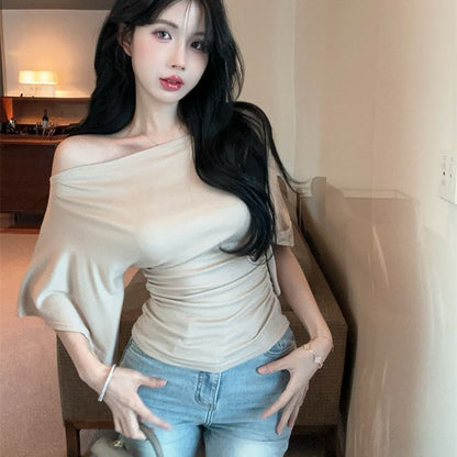 Summer Pure Desire Sweet Girl One-Shoulder Waist Slimming Look Three-Quarter Sleeve T-Shirt Women's Unique and Chic Pleated Top