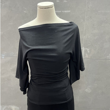 Summer Pure Desire Sweet Girl One-Shoulder Waist Slimming Look Three-Quarter Sleeve T-Shirt Women's Unique and Chic Pleated Top