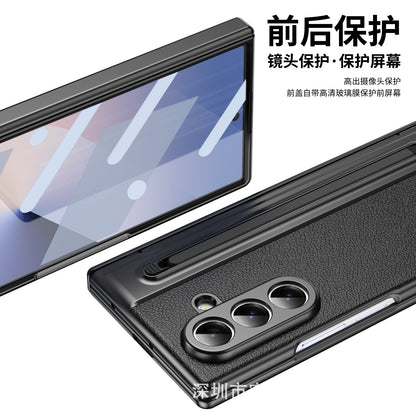Suitable for Samsung Z Fold8 Ultra Gold Armor Pen Slot Folding Phone Case Plain Leather Shockproof 7/6 Case Film Protective Cover