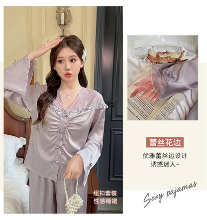 Purely Sensual,Comfortable, Breathable Pajamas, Satin Chiffon Loungewear Set, Available in Multiple Colors,Button-Up Set