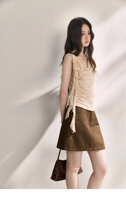 MISHOW French Floral Lace Swing Neck Shirt For Women 2026 Summer New Pleated 3D Floral Ribbon Hazy Elegant Slim Top MXF24X2617