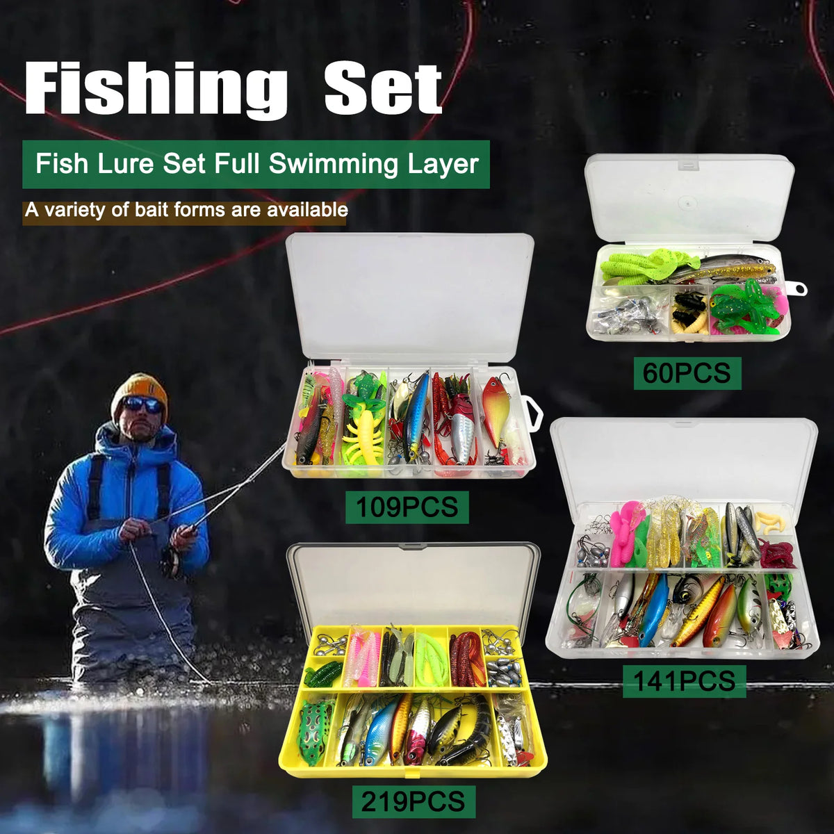 Fishing Lures Kit 60/109/141/219pcs Bait Set With Soft Lure Metal Spoons Hard Minnow Crankbait And Accessories With Tackle Box