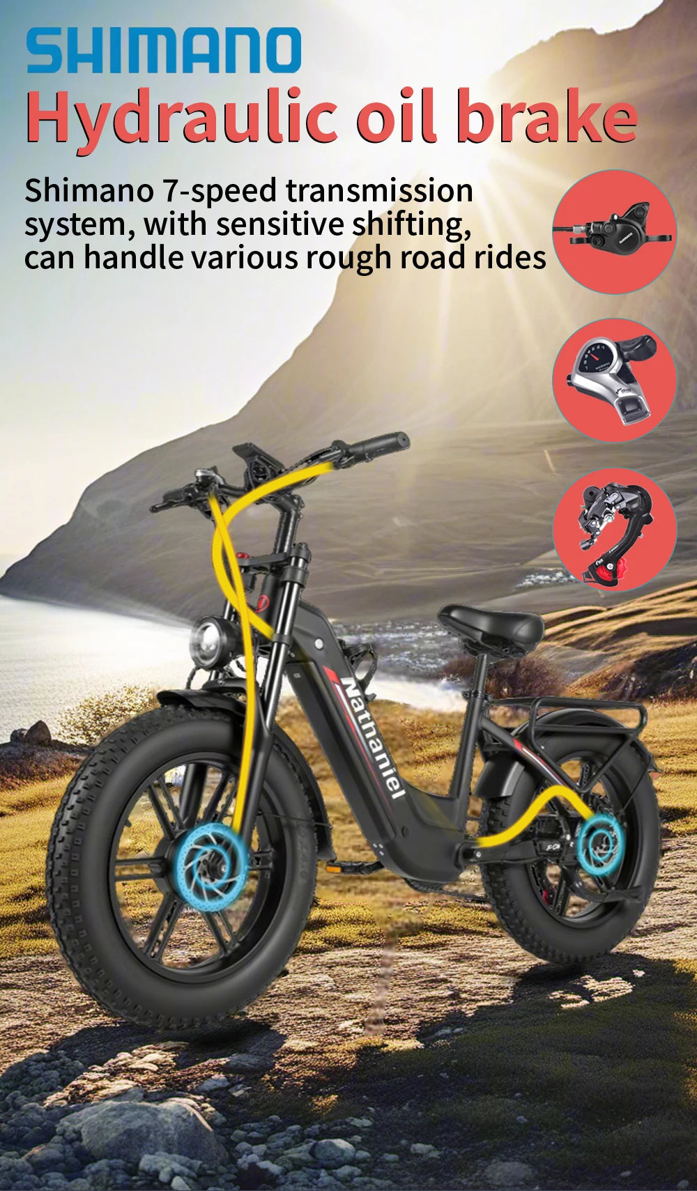 20"Electric Bike 2*1000W Motor 48V 20Ah Removable Battery 50km/h Electric Bicycle for Adults Mountain Bike with Shimano 7-Speed