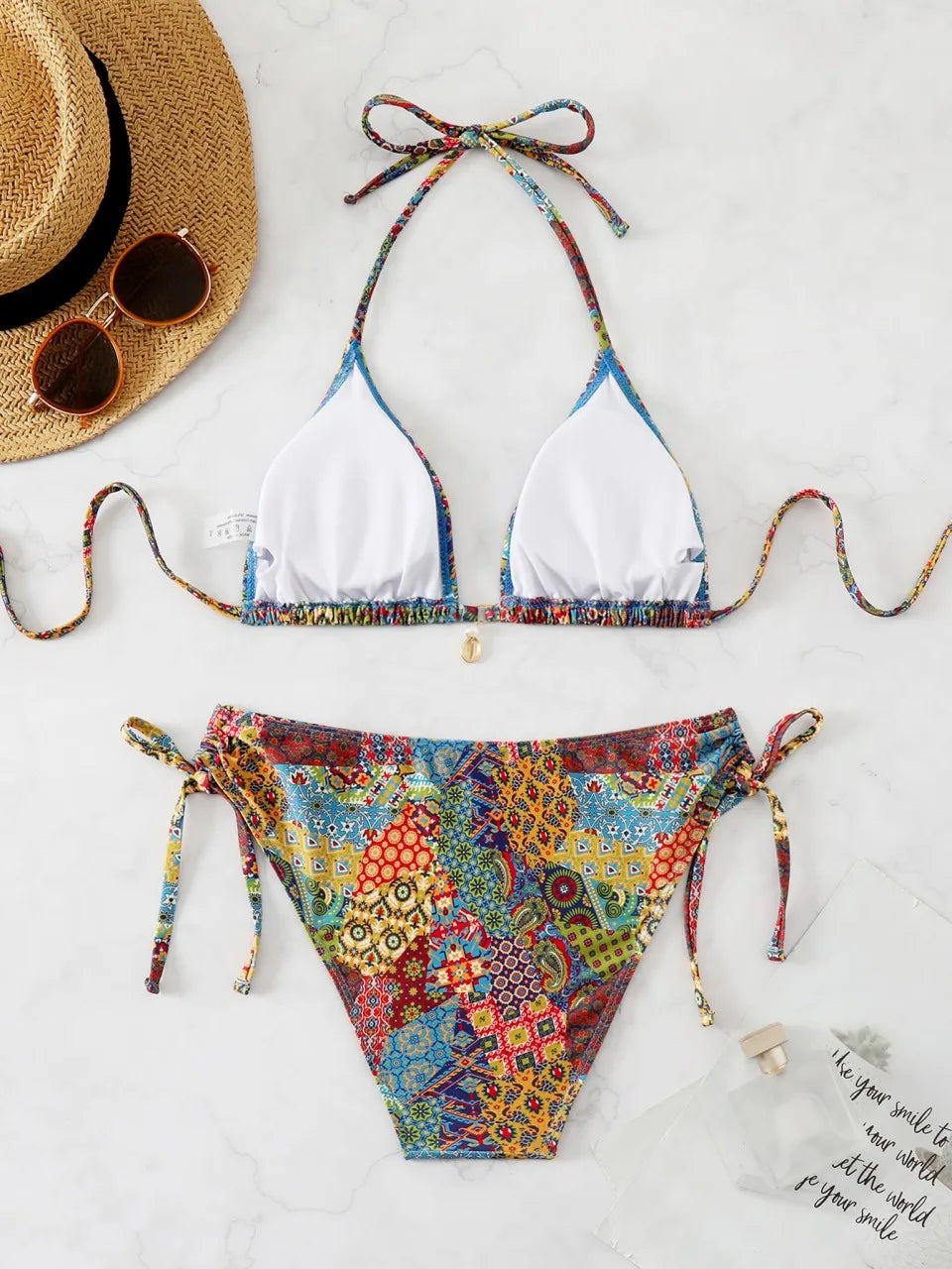 Ring Link Triangle Bikinis 2026 Women Lace Up Swimwear Printed Swimsuit Female Bathers Bathing Swimming Suit Beachwear Summer