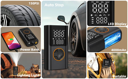 Portable Air Pump Set with Power Bank, 150PSI Tire Inflator Kit for Car SUV Motorcycle Bike, LED Light & Storage Bag for Camping