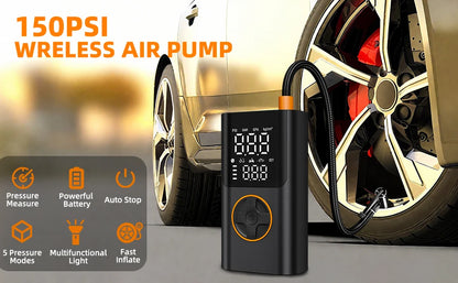 Portable Air Pump Set with Power Bank, 150PSI Tire Inflator Kit for Car SUV Motorcycle Bike, LED Light & Storage Bag for Camping