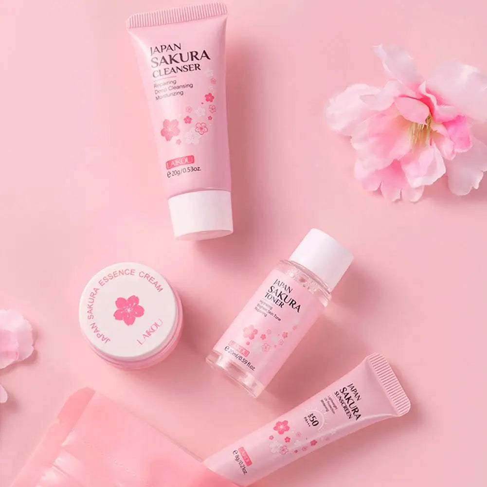 Sakura skin care sets with cleanser, serum, eye cream, facial cream, beauty products for women, travel skin care kit