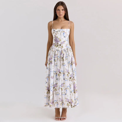 Mingmingxi Summer Floral Print Dress Elegant 2025 New Arrivals Spaghetti Strap Flare Dress Maxi Holiday Party Dresses Women