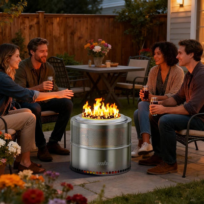 UNHO 19-inch Smokeless Fire Pit, Used for Outdoor Wood Burning, Portable 304 Stainless Steel Camping Stove, Perforated Fireplace, Suitable for Outdoor Heating, Hunting, Barbecue and Ice Fishing.