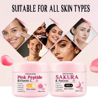 4-Piece Day & Night Skincare Set: Pink Peptide Vitamin C Day Cream + Sakura Retinol Night Cream & Essence for Hydration, Firmnes