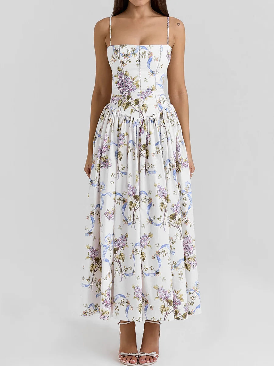 Mingmingxi Summer Floral Print Dress Elegant 2025 New Arrivals Spaghetti Strap Flare Dress Maxi Holiday Party Dresses Women
