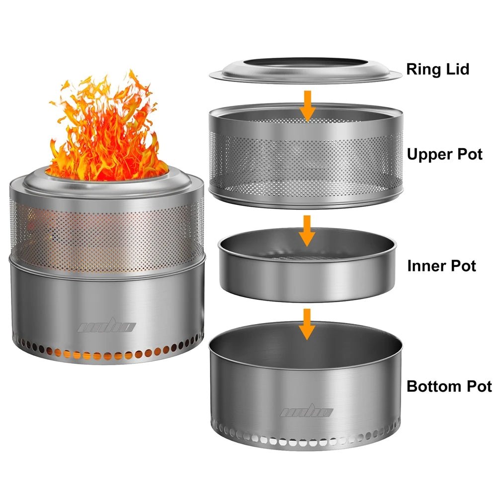 UNHO 19-inch Smokeless Fire Pit, Used for Outdoor Wood Burning, Portable 304 Stainless Steel Camping Stove, Perforated Fireplace, Suitable for Outdoor Heating, Hunting, Barbecue and Ice Fishing.