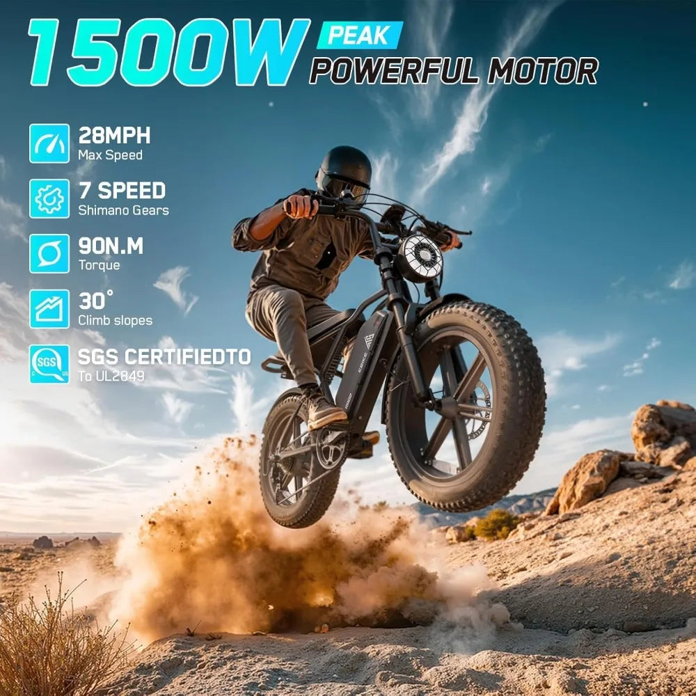 1500W Peak Motor Electric Bike for Adults 60 Miles Range 48V 15Ah Removable Battery 20 Inch Fat Tire