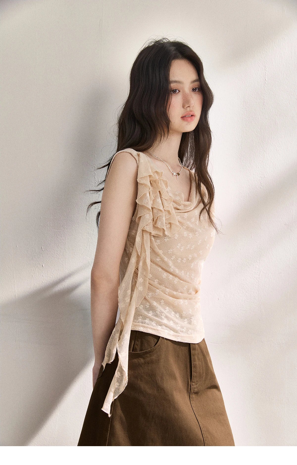 MISHOW French Floral Lace Swing Neck Shirt For Women 2026 Summer New Pleated 3D Floral Ribbon Hazy Elegant Slim Top MXF24X2617