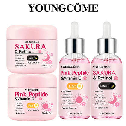 4-Piece Day & Night Skincare Set: Pink Peptide Vitamin C Day Cream + Sakura Retinol Night Cream & Essence for Hydration, Firmnes