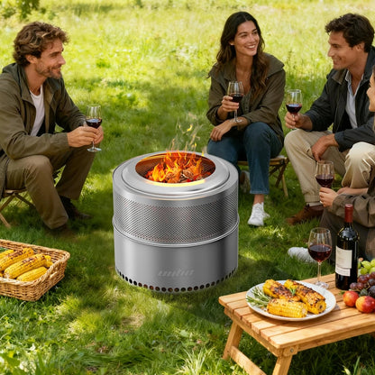 UNHO 19-inch Smokeless Fire Pit, Used for Outdoor Wood Burning, Portable 304 Stainless Steel Camping Stove, Perforated Fireplace, Suitable for Outdoor Heating, Hunting, Barbecue and Ice Fishing.