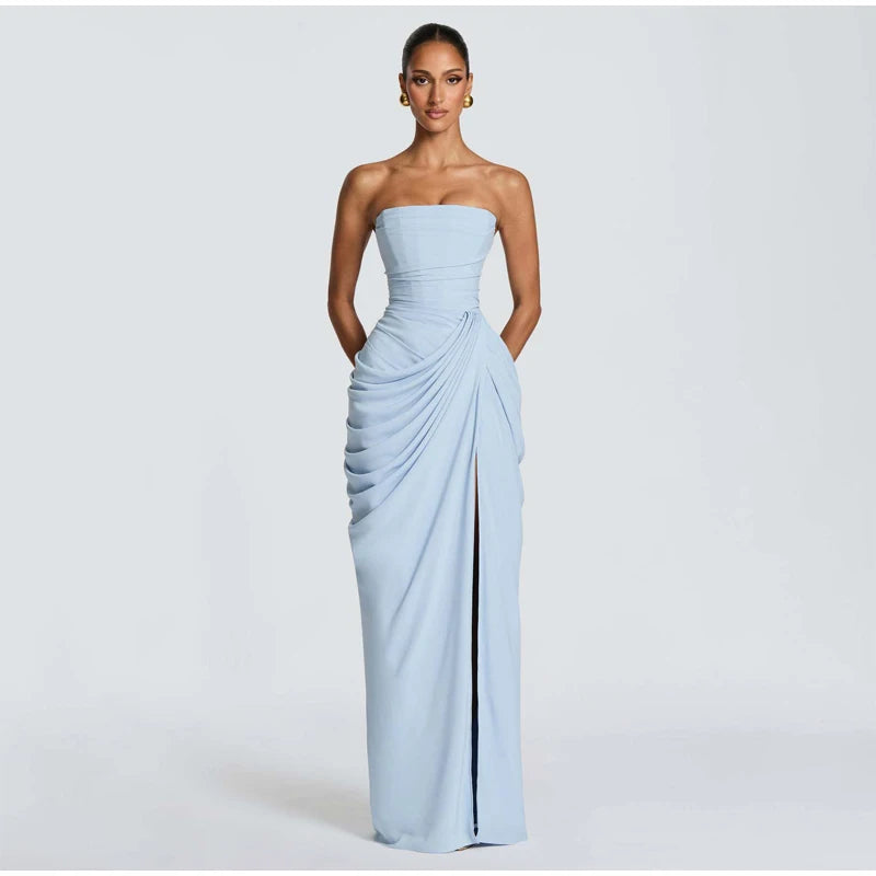Elegant Solid Pleated Halter Women's Dress Fashion Sleeveless Backless Waist-cinching Split Maxi Dresses Summer Party Gowns 2026