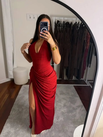 Elegant Solid Pleated Halter Women's Dress Fashion Sleeveless Backless Waist-cinching Split Maxi Dresses Summer Party Gowns 2026