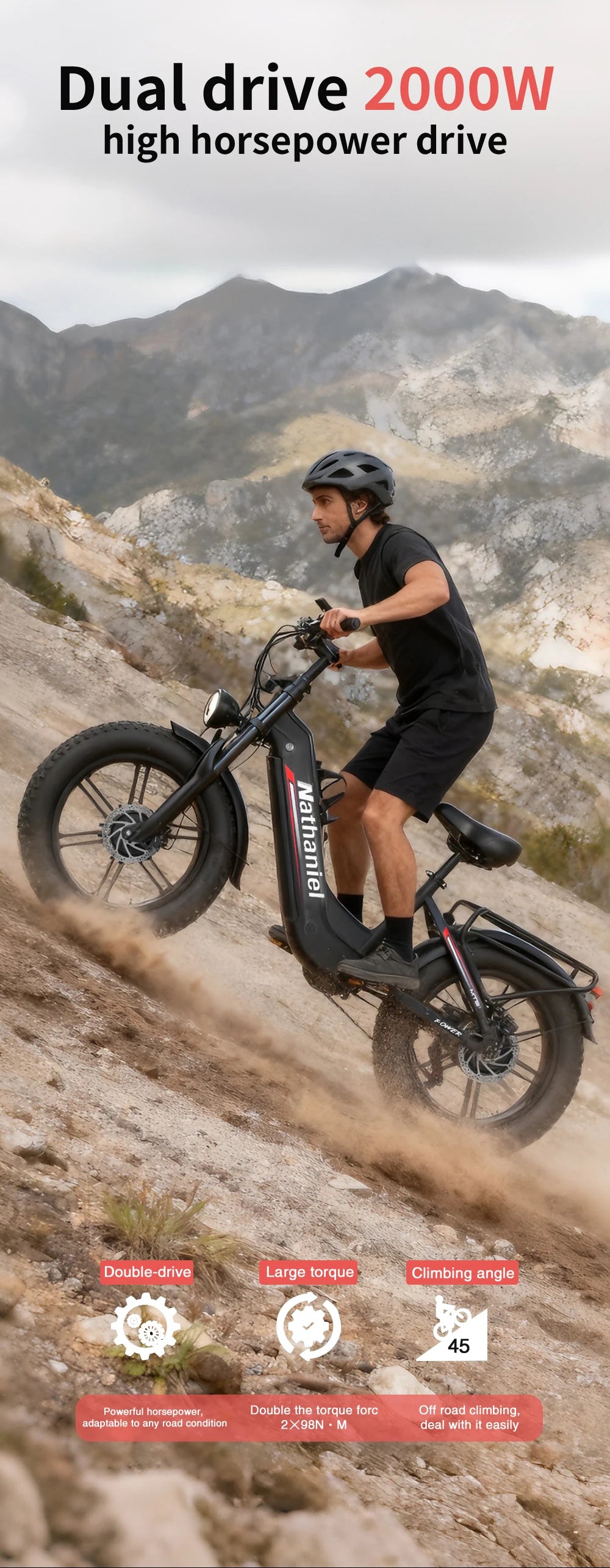 20"Electric Bike 2*1000W Motor 48V 20Ah Removable Battery 50km/h Electric Bicycle for Adults Mountain Bike with Shimano 7-Speed