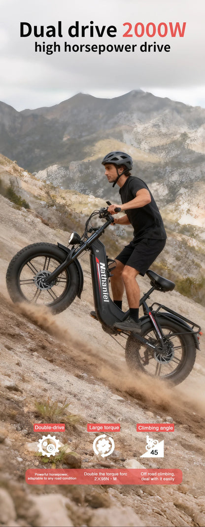20"Electric Bike 2*1000W Motor 48V 20Ah Removable Battery 50km/h Electric Bicycle for Adults Mountain Bike with Shimano 7-Speed