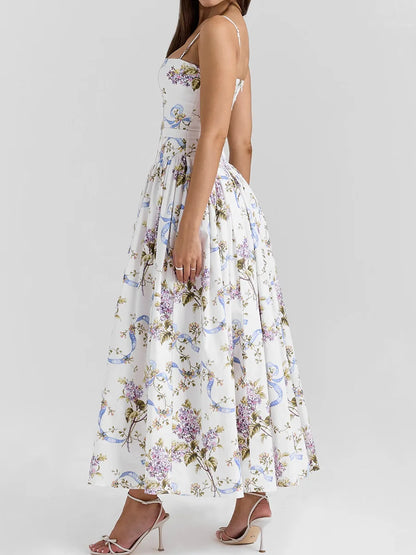 Mingmingxi Summer Floral Print Dress Elegant 2025 New Arrivals Spaghetti Strap Flare Dress Maxi Holiday Party Dresses Women