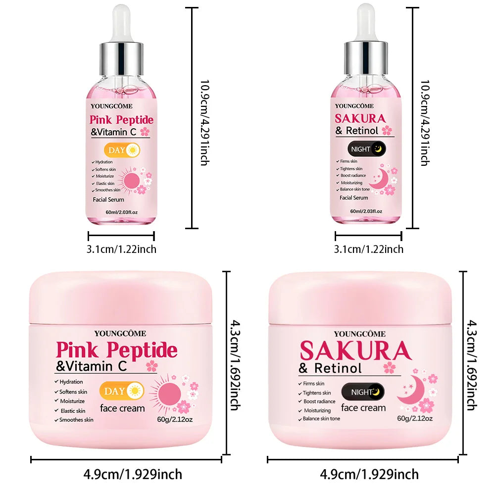 4-Piece Day & Night Skincare Set: Pink Peptide Vitamin C Day Cream + Sakura Retinol Night Cream & Essence for Hydration, Firmnes