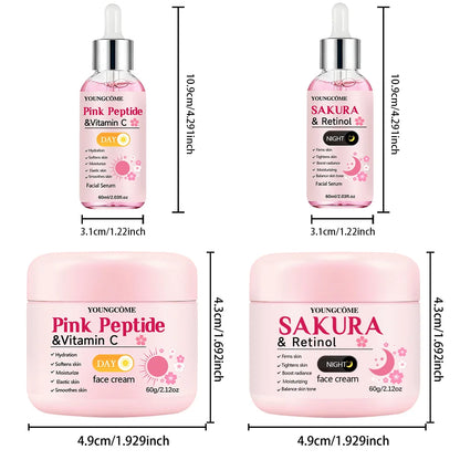 4-Piece Day & Night Skincare Set: Pink Peptide Vitamin C Day Cream + Sakura Retinol Night Cream & Essence for Hydration, Firmnes