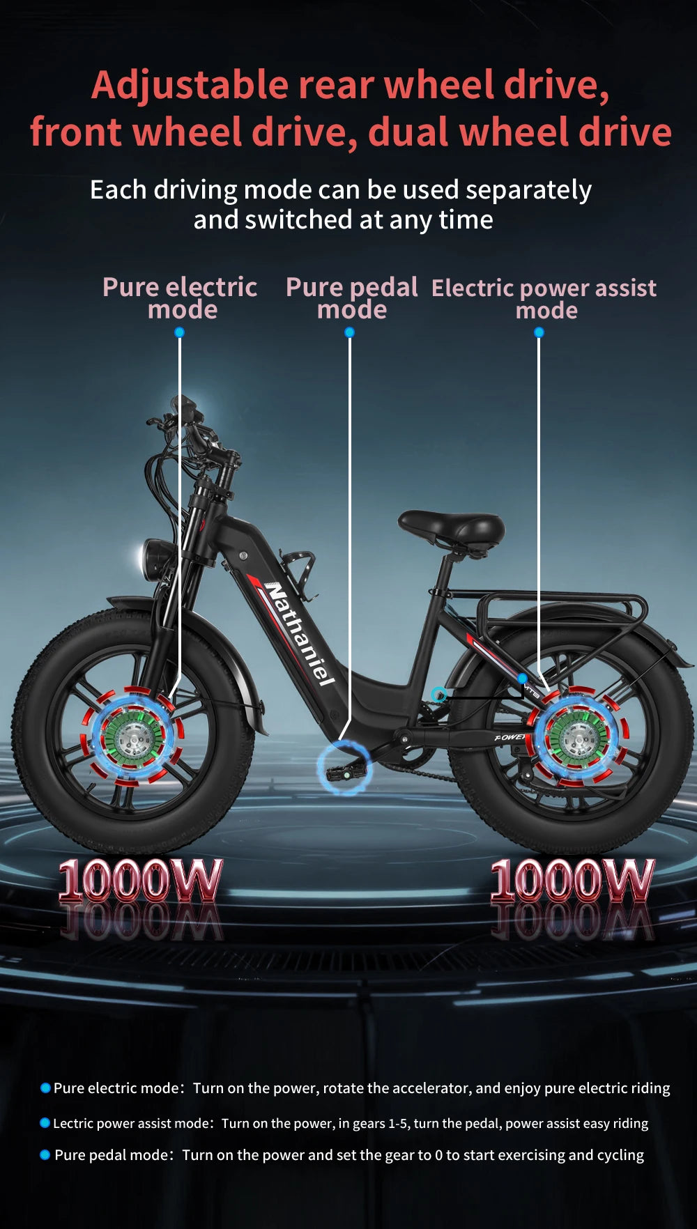 20"Electric Bike 2*1000W Motor 48V 20Ah Removable Battery 50km/h Electric Bicycle for Adults Mountain Bike with Shimano 7-Speed