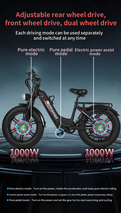 20"Electric Bike 2*1000W Motor 48V 20Ah Removable Battery 50km/h Electric Bicycle for Adults Mountain Bike with Shimano 7-Speed