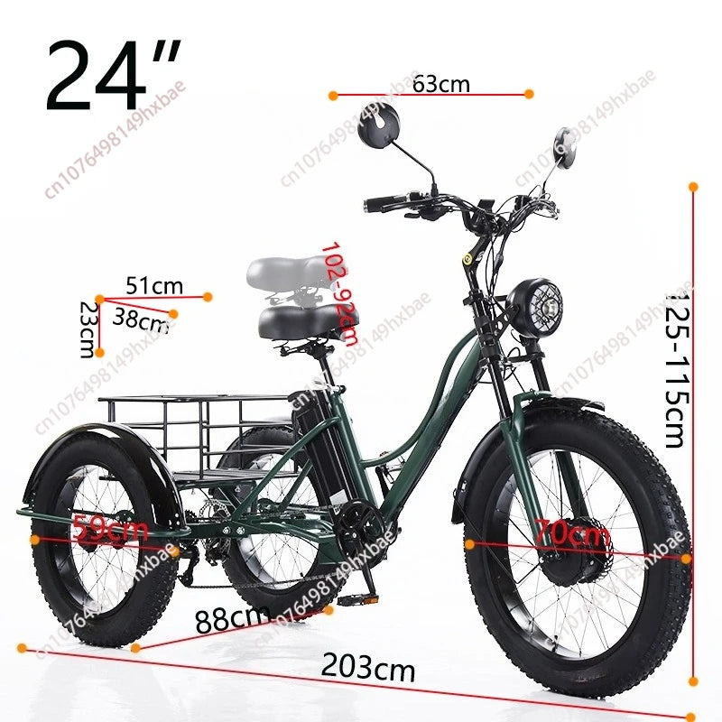 Electric Bike For Man 24-Inch 750W 48V Three Wheeled Electric Vehicle Fat Tire Pedal Powerful Electric Tricycle For Adults Elder