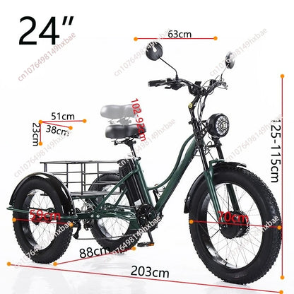 Electric Bike For Man 24-Inch 750W 48V Three Wheeled Electric Vehicle Fat Tire Pedal Powerful Electric Tricycle For Adults Elder