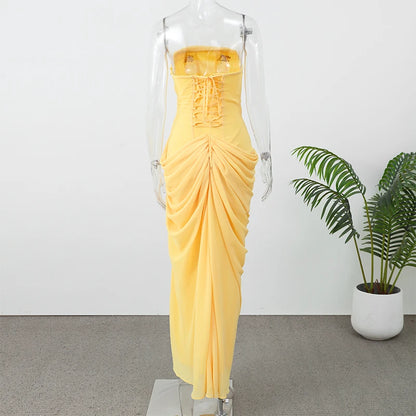 Elegant Solid Pleated Halter Women's Dress Fashion Sleeveless Backless Waist-cinching Split Maxi Dresses Summer Party Gowns 2026