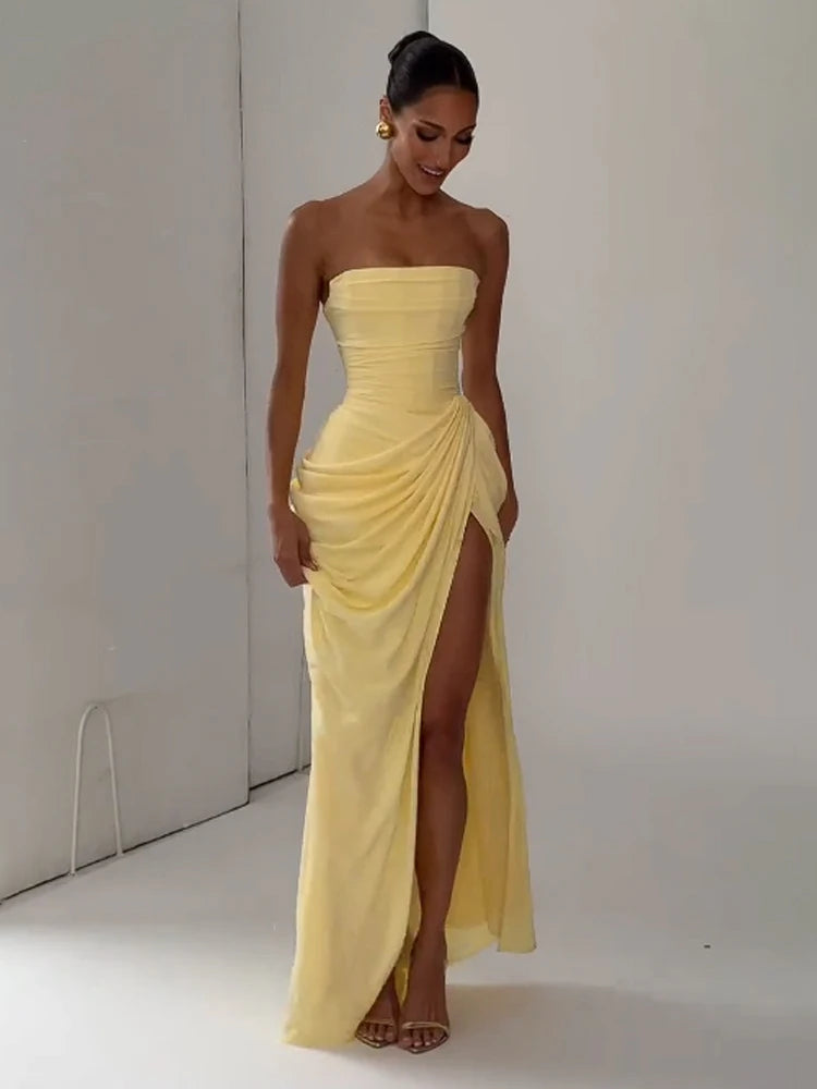 Elegant Solid Pleated Halter Women's Dress Fashion Sleeveless Backless Waist-cinching Split Maxi Dresses Summer Party Gowns 2026