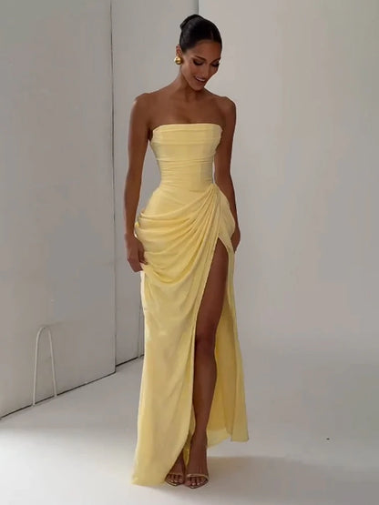 Elegant Solid Pleated Halter Women's Dress Fashion Sleeveless Backless Waist-cinching Split Maxi Dresses Summer Party Gowns 2026